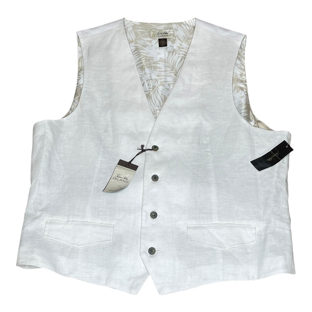 NEW Tasso Elba Island Mens White 100% Linen V-Neck Button Front Dress Vest XL
